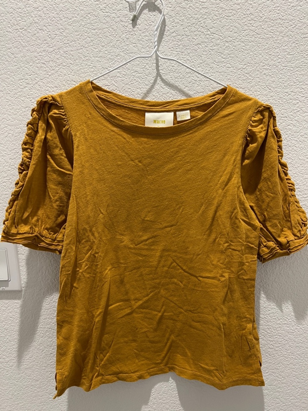 Maeve Mustard Yellow Ruched-Sleeve Tee